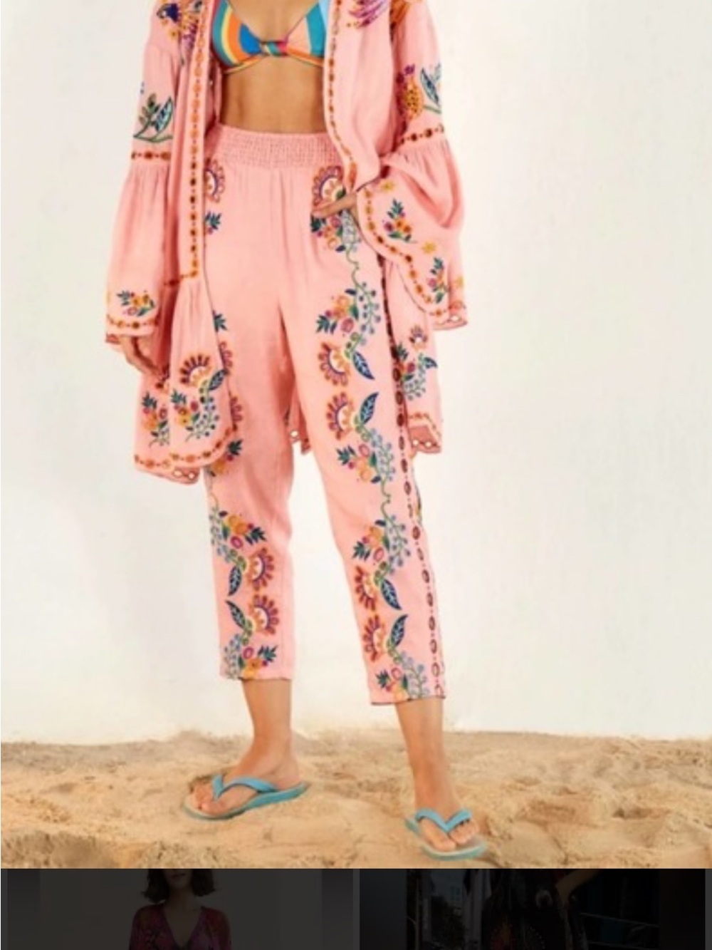 FarmRio Pink Embroidered Floral Beach Pants